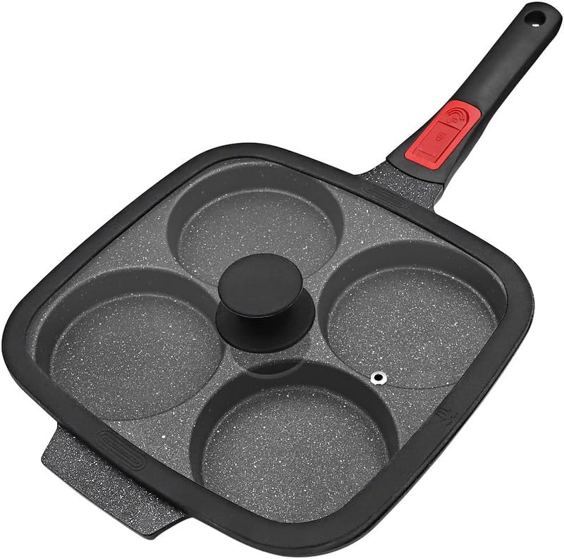 RANX INGST 10 inch Large Egg Pan with Lid, 4-Cup Pancake Pan Nonstick Omelette Skillet with Detachable Handle Induction Compatible - Black - Image 1